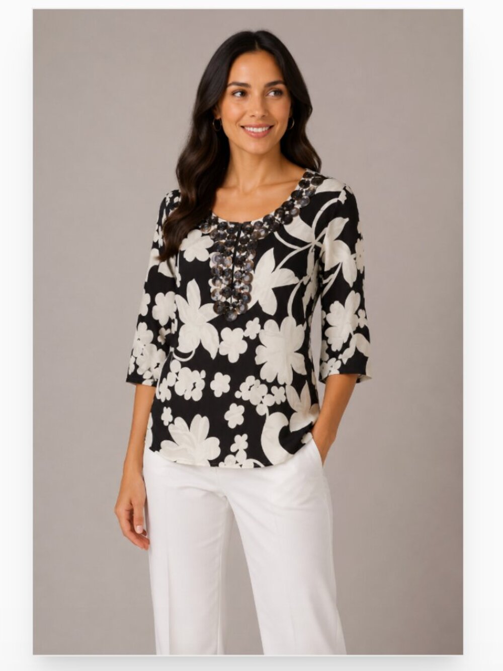 Tory Burch Effie Tunic Shirt Womens 8 Brown Floral Silk Beaded Neck Top Boho
